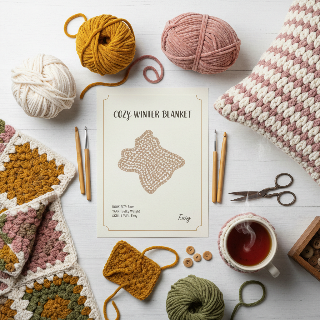 Digital crochet pattern with yarn and hooks flat lay